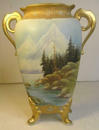 Vintage Nippon Hand Painted Vase - Mountain River Scene - Gold Gilt - Handled - Minty