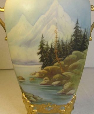 VINTAGE NIPPON HAND PAINTED VASE - MOUNTAIN RIVER SCENE - GOLD GILT - HANDLED - MINTY 2