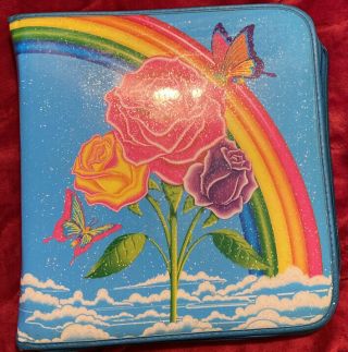 Vintage Lisa Frank Puffy 3 Ring Binder Roses Rainbows Butterflies Full Zip Up