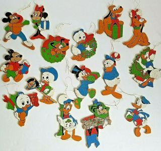 Vtg Disney Christmas Ornaments Handpainted Wood Donald Duck Minnie Mickey Pluto
