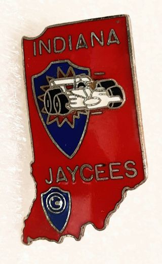 Red Enamel Indiana Jaycees With Raised Racing Car,  Lapel Pin