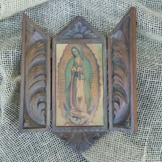 Vintage Our Lady Of Guadalupe Hand Carved Wood Wall Hanging Plaque From Basilica