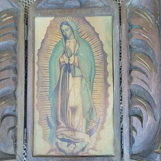 Vintage Our Lady of Guadalupe Hand Carved Wood Wall Hanging Plaque from Basilica 3