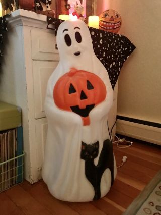 Vintage Empire Halloween Blow Mold Ghost With Pumpkin Black Cat