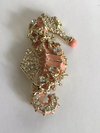 Vintage St.  John Seahorse Brooch Pin With Swarovski Crystals - Gold Tone