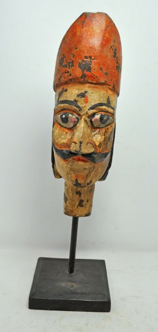 Vintage Wooden Male Puppet Head Bust Figurine On Stand Hand Carved Painted
