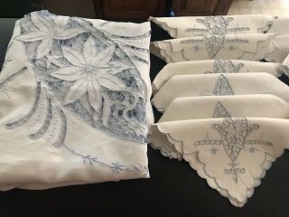Vintage Fine Madeira Blue Poinsettia Cutwork White Linen Tablecloth W 12 Napkins