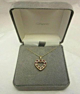Vtg Fth 10k Yellow Gold Heart Pendant Necklace I Love You W/ Tiny Diamond Garnet