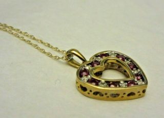 VTG FTH 10K Yellow Gold Heart Pendant Necklace I Love You w/ Tiny Diamond Garnet 3