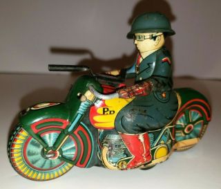 Vintage Toy Sato Tin Litho Friction Military Police Motorcycle Made In Japan