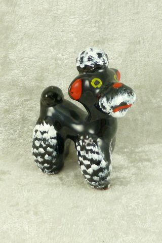Vintage Black Poodle Dog Figurine Redware Pottery Mid Century Japan 3.  25 " Tall