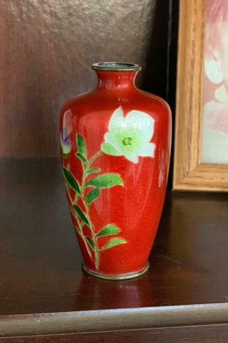 Hand - Made Japanese Ginbari Vase 4.  5 " Red W/flowers/leaves/branches Japan