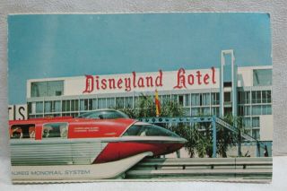 Disneyland Hotel Front With Red Monorail Plastichrome Postcard