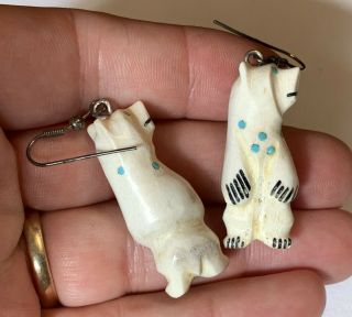 Vintage Zuni Carved Bear Fetish Totem Earrings W/ Turquoise Accents