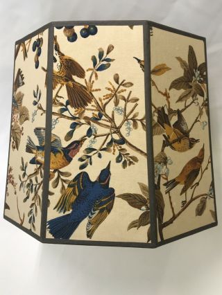 Vtg 8 Panel Drum Lamp Shade Mid Century Birds Blue Beige Brown Table / Floor 13 "