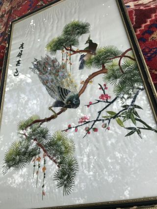 Vintage Framed Chinese Silk Embroidery Picture - Peacocks & Flora 13”x20”