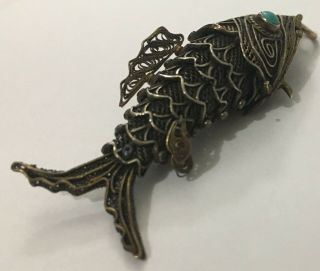 Vintage Silver Gold Gilt Turquoise Articulated Fish Pill Box Pendant