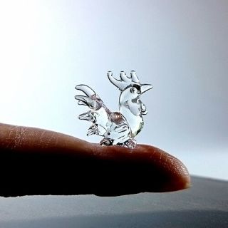Rare Chicken Cock Tiny Micro Crystal Figurine Hand Blown Clear Glass Animal Gift