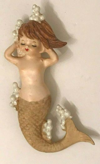 1950s Vintage Lefton Mermaid W Bubbles Ceramic Wall Plaque Hanging