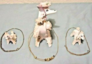 Vintage Set Of 3 Japan Large Pink Spaghetti Poodle And Pups Family On Chain