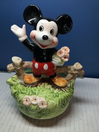 Vintage Walt Disney Mickey Mouse Music Box Pink Flowers Ceramic & Plastic