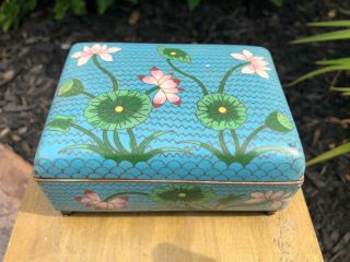 Chinese Cloisonne Enamel Box On Blue Ground With Floral Antique Bronze Marked