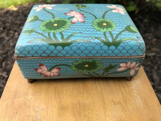 Chinese Cloisonne Enamel Box on Blue Ground with Floral Antique Bronze Marked 3