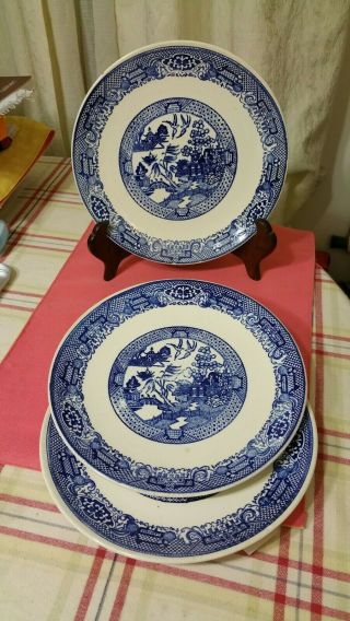 Antique Chinese Export Porcelain Plate Set Of 3 Handpainted Blue And White 9.  8in