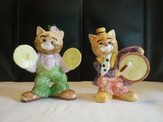 Pair Hand Painted Ceramic Cat Figurines W/ Musical Instruments,  Unmarked