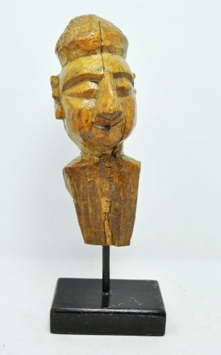Antique Wooden Puppet Head Statue Old Hard Wood Hand Carved On Stand
