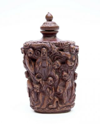 Antique Chinese Hand Carved Resin Snuff Bottle With Spoon Ornate Figure