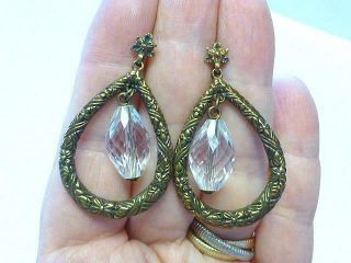 Vintage Signed Stephen Dweck Bronze & Crystal Hoop Dangling Earrings Pierced