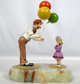 Retired Ron Lee Sculpture Clown W/ 3 Balloons & Girl Figurine Onyx Base Vtg 1986