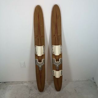 Vintage Pair 48” Riviera Wood Adjustable Bindings Youth /kids Water Ski Skis