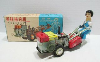 Red China Vintage Tin Litho Wind - Up Tractor Nos Girl Driver Ms 857