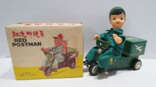 Red Postman Vintage Friction Power Tin Litho Toy Nos Made In China