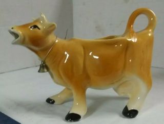 Vintage Porcelain Brown Cow Creamer With Bell Made In Japan