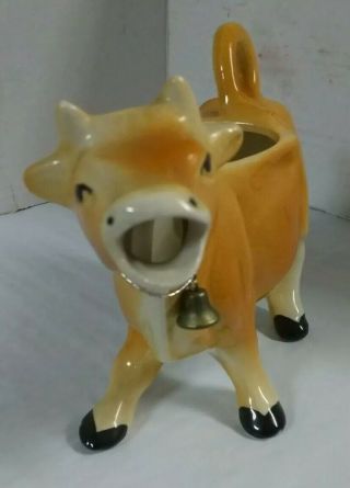 Vintage Porcelain Brown Cow Creamer With Bell Made In Japan 3