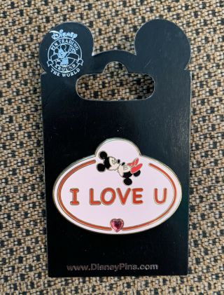 Disney Cast Member Pink Valentine I Love U Mickey Minnie Kissing Name Badge Pin