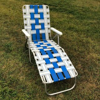 Webbed Vintage Aluminum Folding Chaise Lounge Lawn Chair Blue White Sunbeam