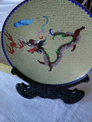 Cloisonne Ware Dragon Plate Hand Made In China With Stand And Box