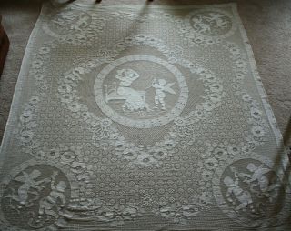 Vintage Angel Cherub Filet Lace Bedspread Bed Cover Coverlet,  89 " X 74.  5 "