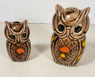 Vintage Set Of 2 Ceramic Owls 3.  5 " And 2.  5 " Brown Orange Yellow