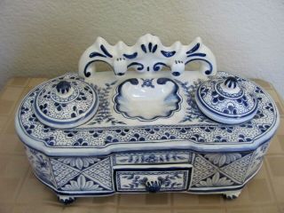 Vintage Coimbra Portugal Hand Painted Ink Well Set Blue And White Signed And No.
