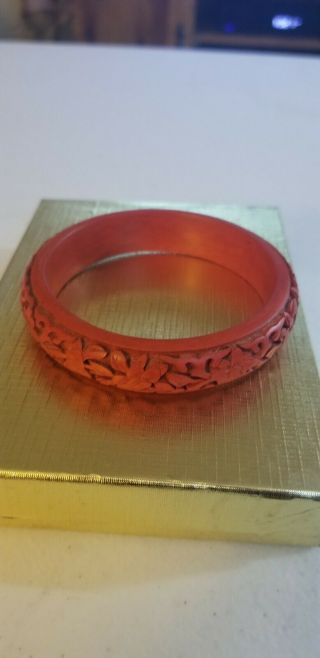 Vintage Chinese Deep Hand Carved Cinnabar Lacquer Bangle Bracelet Black Red