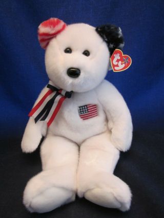 Ty Beanie Buddies America 2002 Flag White W Red & Blue Ears Teddy Bear Tag