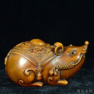 Collectable China Old Boxwood Hand - Carved Mouse & Wealth Bring Luck Decor Statue
