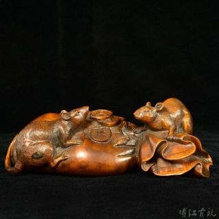 Collect China Old Boxwood Hand - Carved Mouse & Wealth Bring Luck Decorate Statue