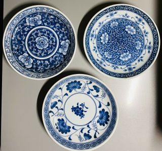 Signed Antique Chinese Blue White Porcelain Dish Set 3 Export Dishes Plates 6.  5”