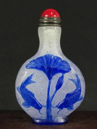 Chinese Mandarin Duck Carp Carved Peking Overlay Glass Snuff Bottle